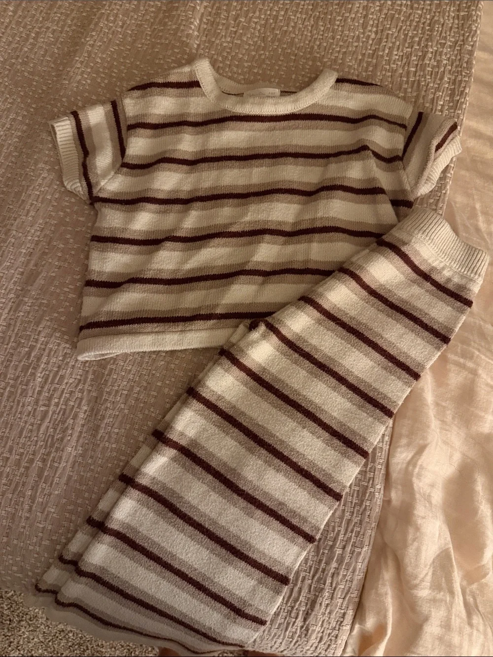 Rylee + Cru Cream and Burgundy Striped Kids Matching Set